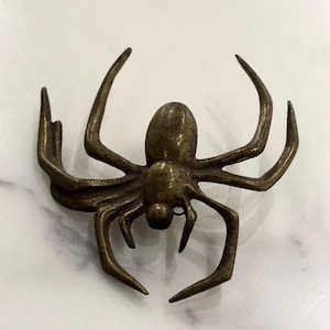 May include: A bronze-colored spider figurine with eight legs and a rounded body. The spider's legs are curved and extend outwards. The figurine is made of metal and has a detailed, textured surface.