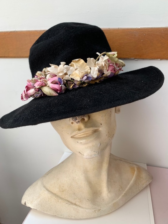 Hooray Henri Flower Black Hat 1990s Designer Bucke