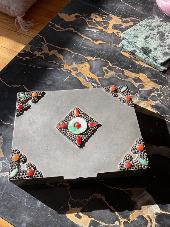Chinese Gemstone Rectangular Lidded Box Inlay Ant… - image 2