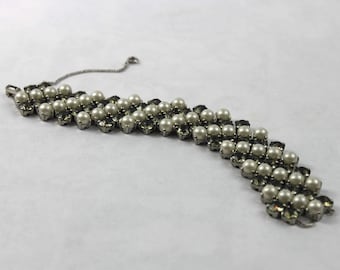 Vintage Crown Trifari 1960s Faux Pearl Wide Rhinestone Bracelet Designer Costume Jewelry