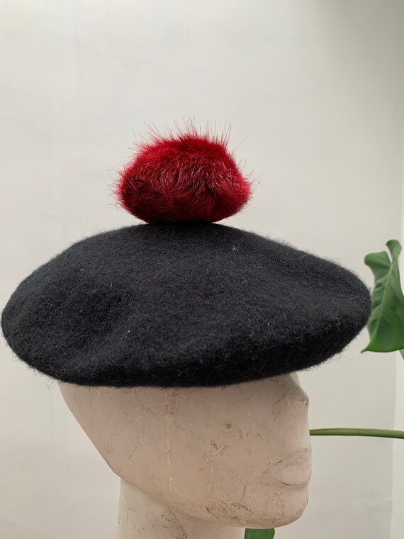 Vintage Black Beret with Fur Topper Hot Pink