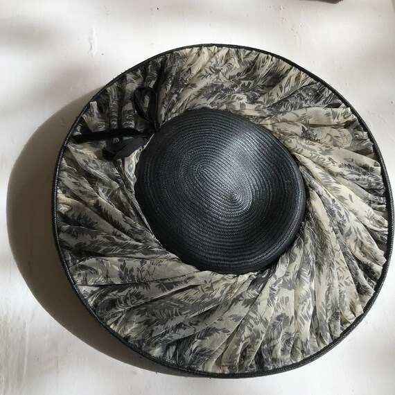 1940s Ladies Straw Black Chiffon Boater Hat Ken Bl