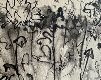 Molly J Schiff Mid-Century Ink and watercolor  Floral  Painting