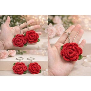 Crochet Rose Keychain, Handmade Red Rose Keyring, Romantic Gift for Her, Flower Bag Charm