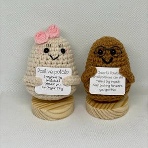 Può includere: Due figure di patata all'uncinetto, una beige con un fiocco rosa e l'altra marrone con gli occhiali. Ognuna tiene in mano un cartello con messaggi positivi. Il cartello della patata beige dice "Positive potato" e quello della patata marrone "Cheerful Potato."
