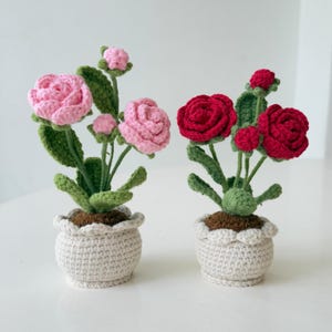 May include: Two crocheted potted plants with pink and red flowers. The pots are white with a scalloped edge.