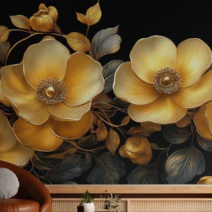 Elegante arte murale floreale dorata / Design floreale metallico 3D di lusso