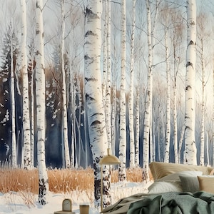 Winter Birch Forest Peel and Stick Wallpaper - Renter-Friendly Snowy Woodland Mural, Non-Woven Serene Nature Wall Art for Bedroom, Nursery