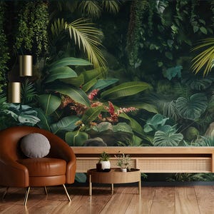 May include: A living room interior with a brown leather armchair and a wooden coffee table. The wall is covered with a tropical jungle mural featuring lush green foliage and large leaves.
