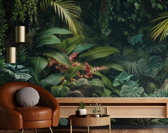 May include: A living room interior with a brown leather armchair and a wooden coffee table. The wall is covered with a tropical jungle mural featuring lush green foliage and large leaves.