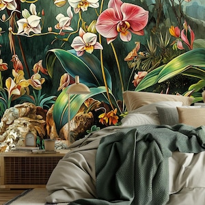 Exotic Orchid Garden Wallpaper – Vintage Botanical Wall Mural, Lush Floral Peel and Stick or Non-Woven