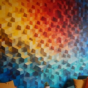 May include: A coffee shop interior with a colorful geometric mural. The space features a brick bar with stools, pendant lights, and a seating area with a teal armchair and a brown sofa. People are seated at tables.