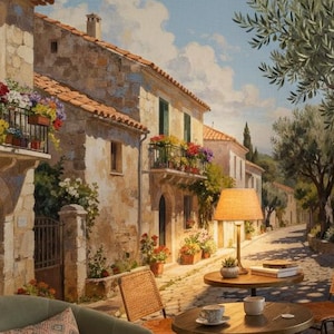 Puede incluir: Interior de una cafetería con un mural de una calle de un pueblo europeo. La cafetería tiene una barra de ladrillo, luces colgantes y asientos. Un olivo en maceta añade un toque natural.