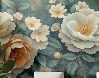Elegant Cream & Gold Flower Wall Mural – Romantic Floral Peel and Stick Wallpaper