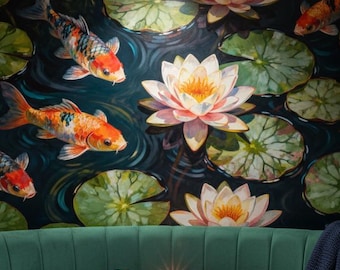 Chinoiserie Koi Fish Wallpaper Dark Teal Water Lily Wall Mural Peel And Stick Removable