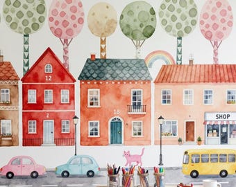 Nursery Watercolor Town Wallpaper Pastel City Street Peel And Stick Wall Mural