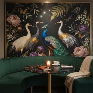 Chinoiserie Peacock & Crane Peel And Stick Wallpaper Dark Vintage Botanical Mural