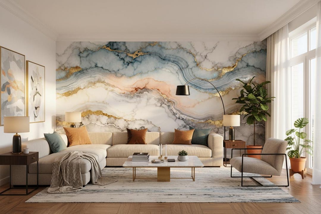 Blue Gold Agate Marble Wallpaper - Luxury Peel and Stick Mural ...