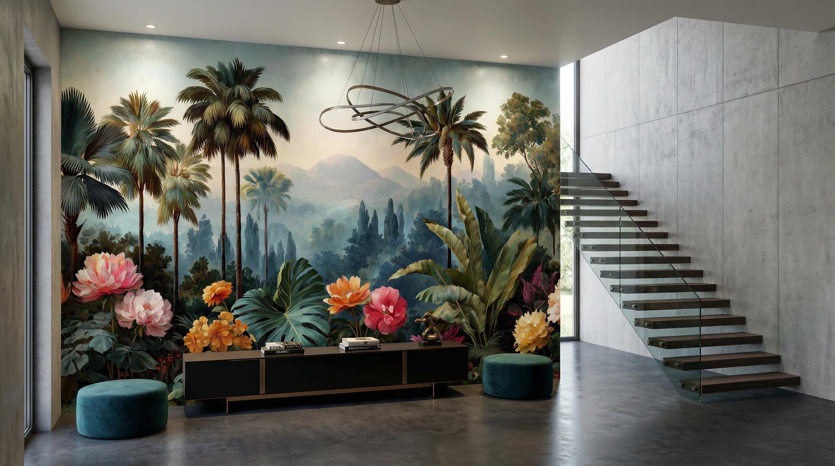 Dark Tropical Jungle Wallpaper Mural | Moody Botanical Peel and Stick ...
