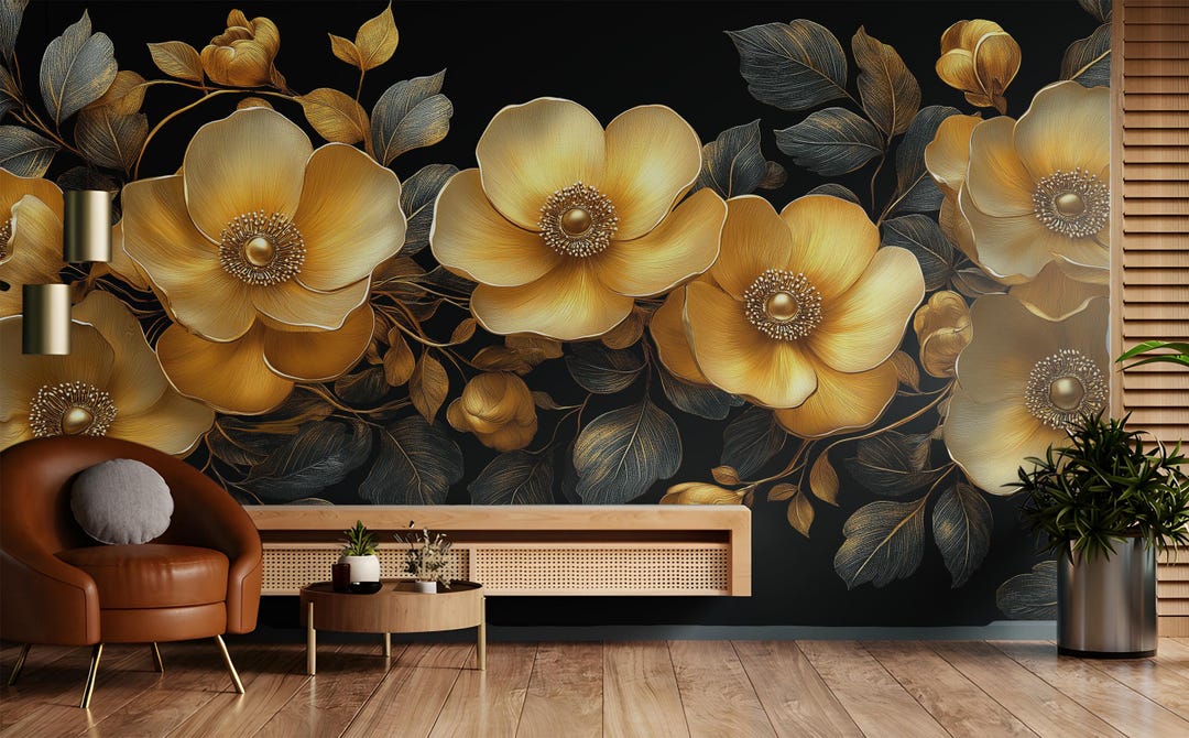 Elegant Gold Floral Wall Art | Luxury 3D Metallic Flower Design - Etsy