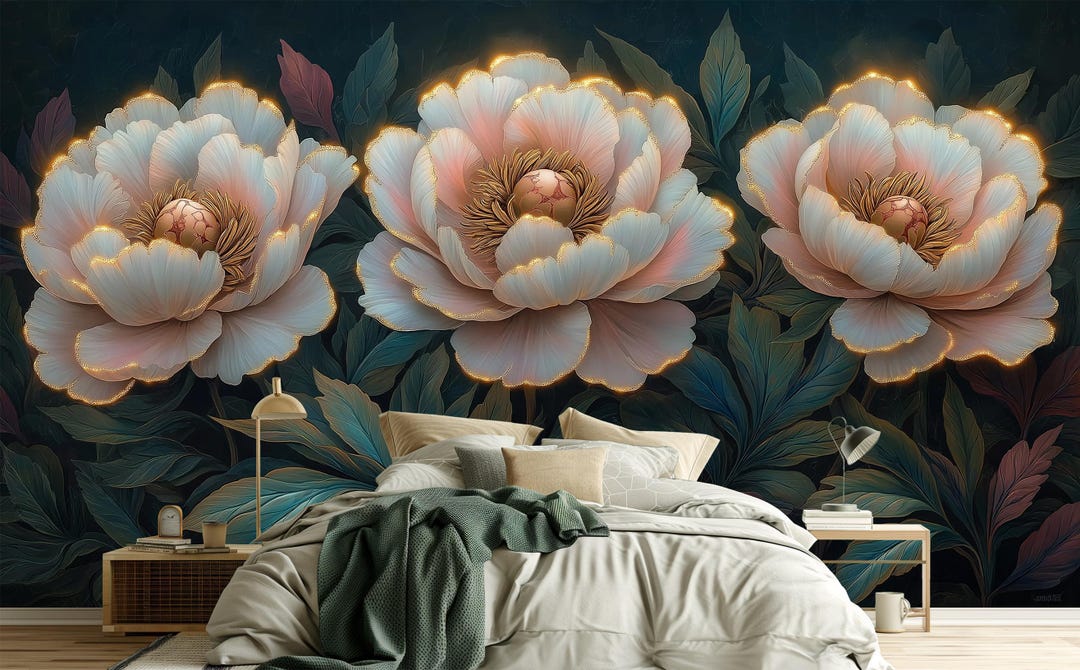 Hyper-realistic Peony Blossom Wallpaper | Illuminated Floral Wall Art ...