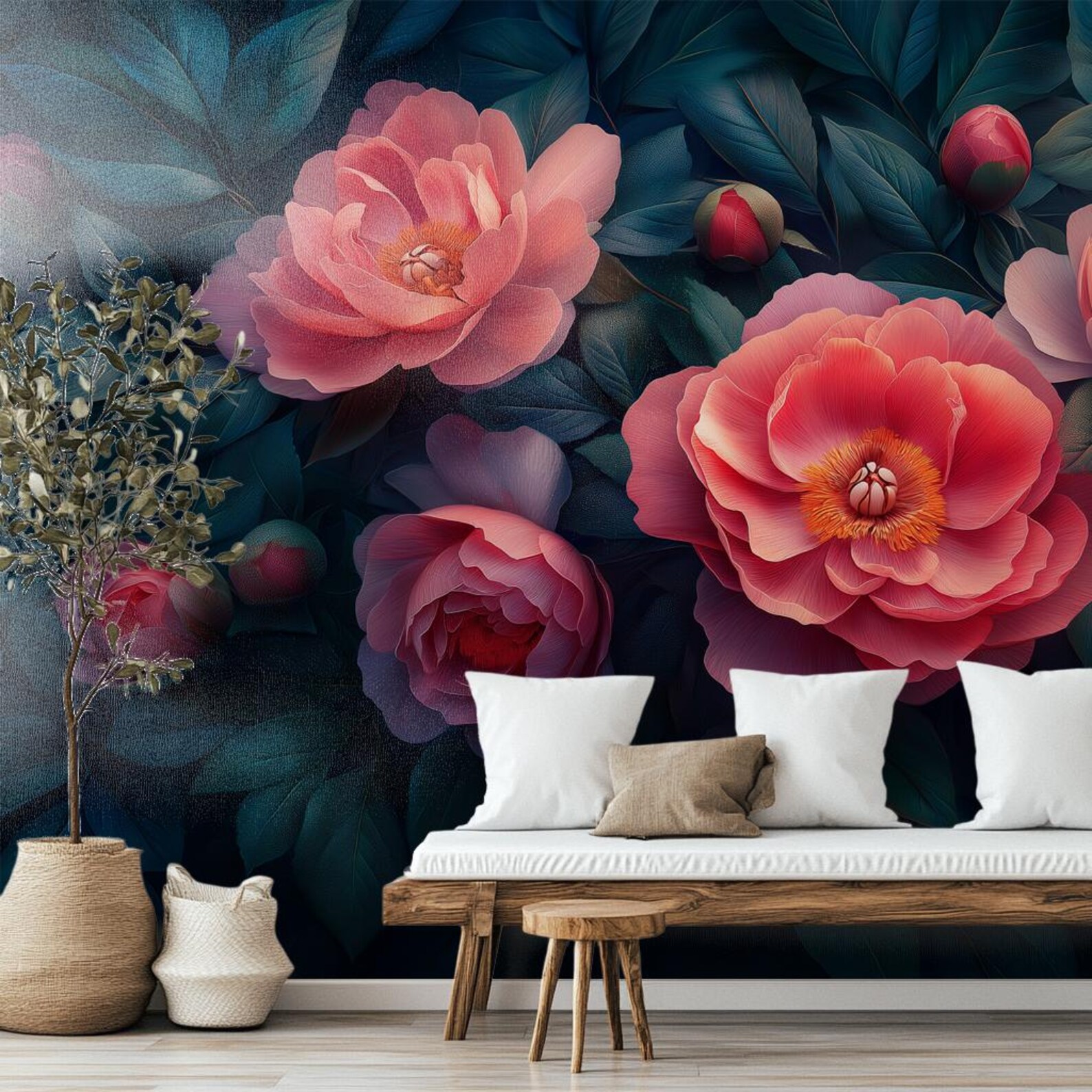Dark Floral Peony Wallpaper | Peel & Stick, Traditional | Removable ...