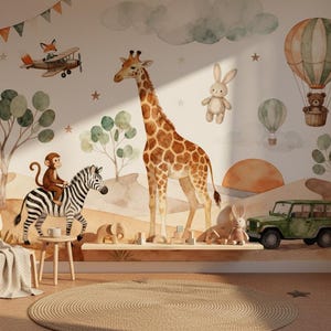 May include: Watercolor mural featuring a safari theme with a giraffe, zebra, monkey, and hot air balloons. The mural includes a green jeep, a fox in a plane, and a bunny. The color palette is soft, with warm tones and whimsical illustrations.