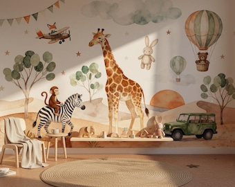 Boho Safari Nursery Wallpaper Watercolor Animal Wall Mural Peel And Stick And Non Woven