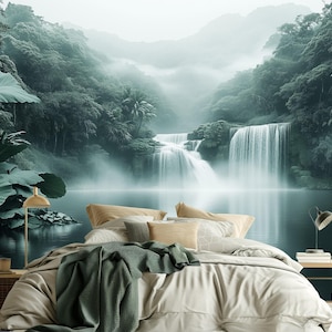 Waterfall Jungle Wallpaper – Misty Tropical Wall Mural, Peel and Stick or Non-Woven Custom Decor