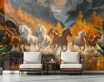 Wild Horses Running Peel and Stick Wallpaper - Renter-Friendly Western Stallion Mural, Non-Woven Autumn Mountain Horse Wall Art for Bedroom
