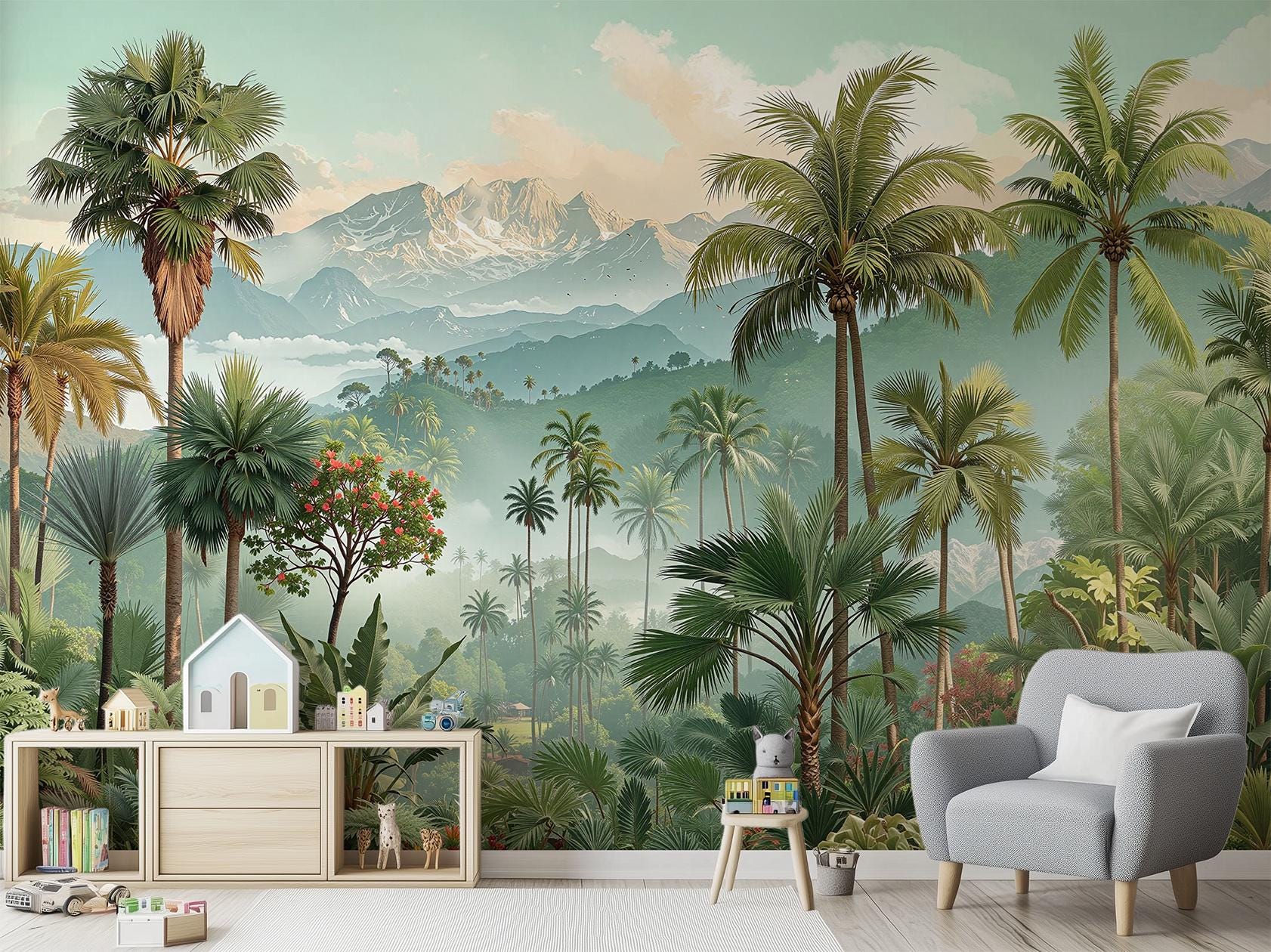 Botanical Tropical Wall Mural – Exotic Palm Jungle Peel and Stick ...