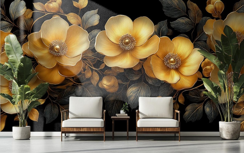 Elegant Gold Floral Wall Art | Luxury 3D Metallic Flower Design - Etsy