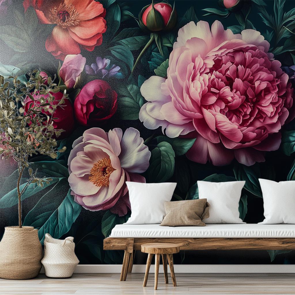 Dark Floral Peony Wallpaper | Moody Vintage Botanical Wall Mural ...