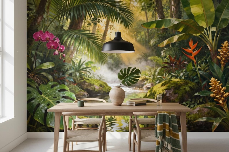 Tropical Rainforest Mural Peel and Stick Non Woven Wallpaper Lush ...
