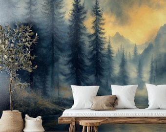 May include: A scenic wall mural showing a misty forest with tall, dark blue-green trees under a yellow and grey sky. A wooden bench with white cushions and a small wooden stool are in front of the mural. A decorative plant in a woven basket is on the left.