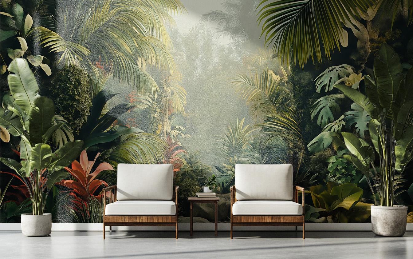 Lush Tropical Jungle Wall Mural – Misty Rainforest With Exotic Foliage ...