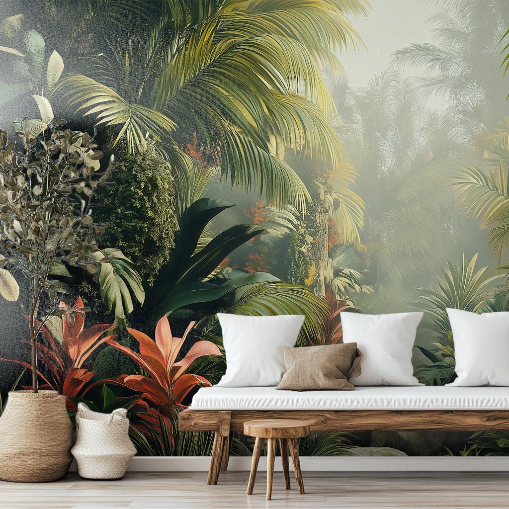 Lush Tropical Jungle Wall Mural – Misty Rainforest With Exotic Foliage ...