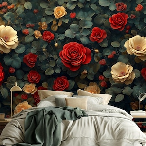 Vintage Rose Wallpaper – Dark Romantic Floral Wall Mural, Peel and Stick or Non-Woven