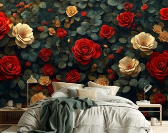 Vintage Rose Wallpaper – Dark Romantic Floral Wall Mural, Peel and Stick or Non-Woven