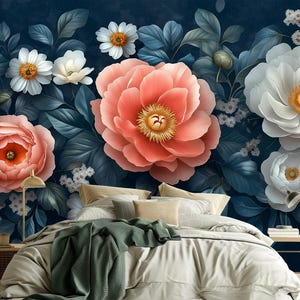 Vintage Peony Floral Wallpaper – Dark Blue Botanical Peel and Stick Mural, Self-Adhesive or Non-Woven Removable Wall Decor