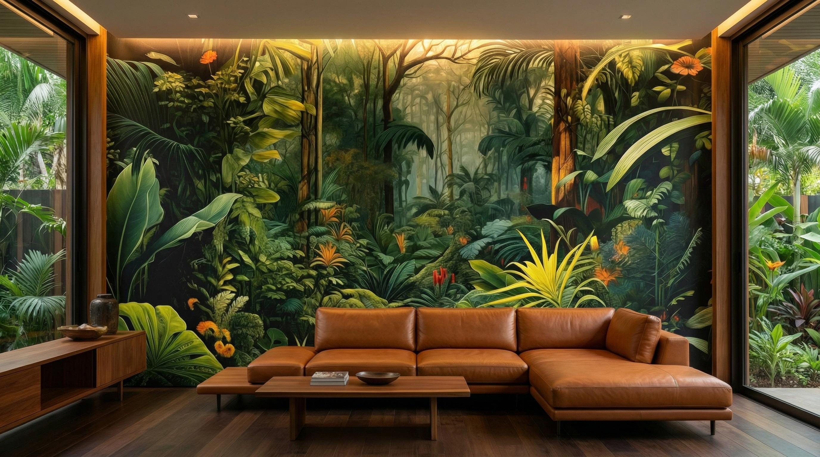 Tropical Jungle Wallpaper Mural Dark Botanical Feature Wall Peel and ...