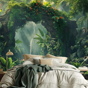 Rainforest Waterfall Wall Mural – Tropical Jungle Peel & Stick Wallpaper for Spa or Living Room Decor