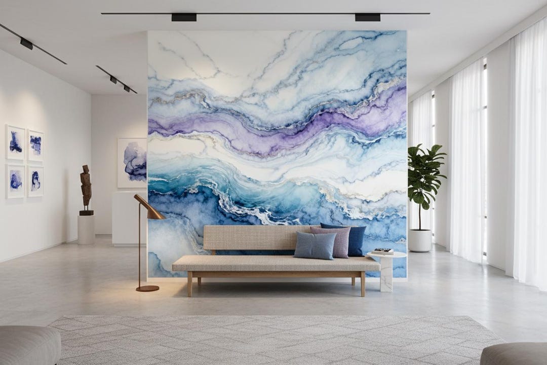Blue Purple Gold Marble Mural | Faux Stone Wallpaper | Large Scale ...