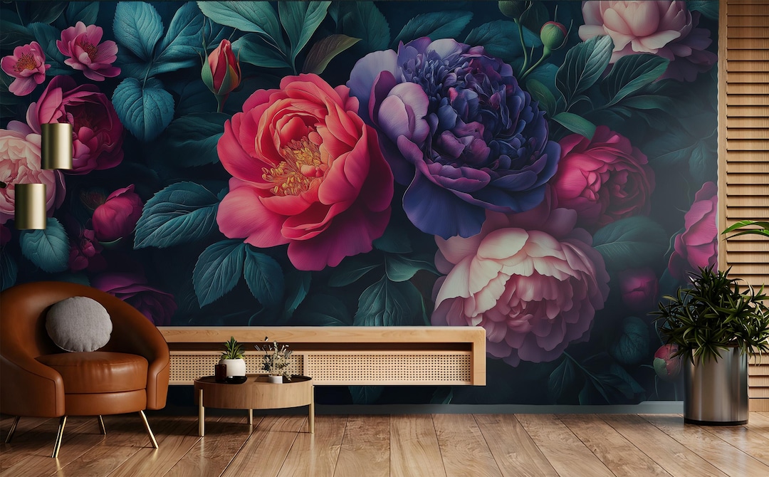 Dark Floral Peony Wallpaper | Moody Botanical Wall Mural | Luxury ...