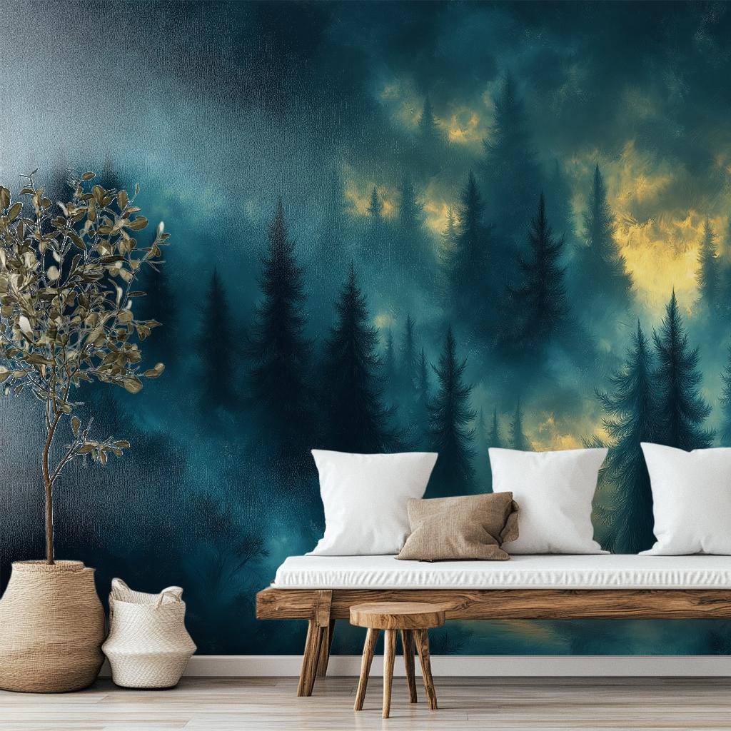 Dark Fantasy Forest Wallpaper | Moody Blue & Gold Foggy Landscape - Etsy