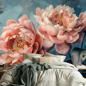 Vintage Peony Floral Wall Mural – Elegant Botanical Wallpaper, Peel & Stick or Traditional Decor