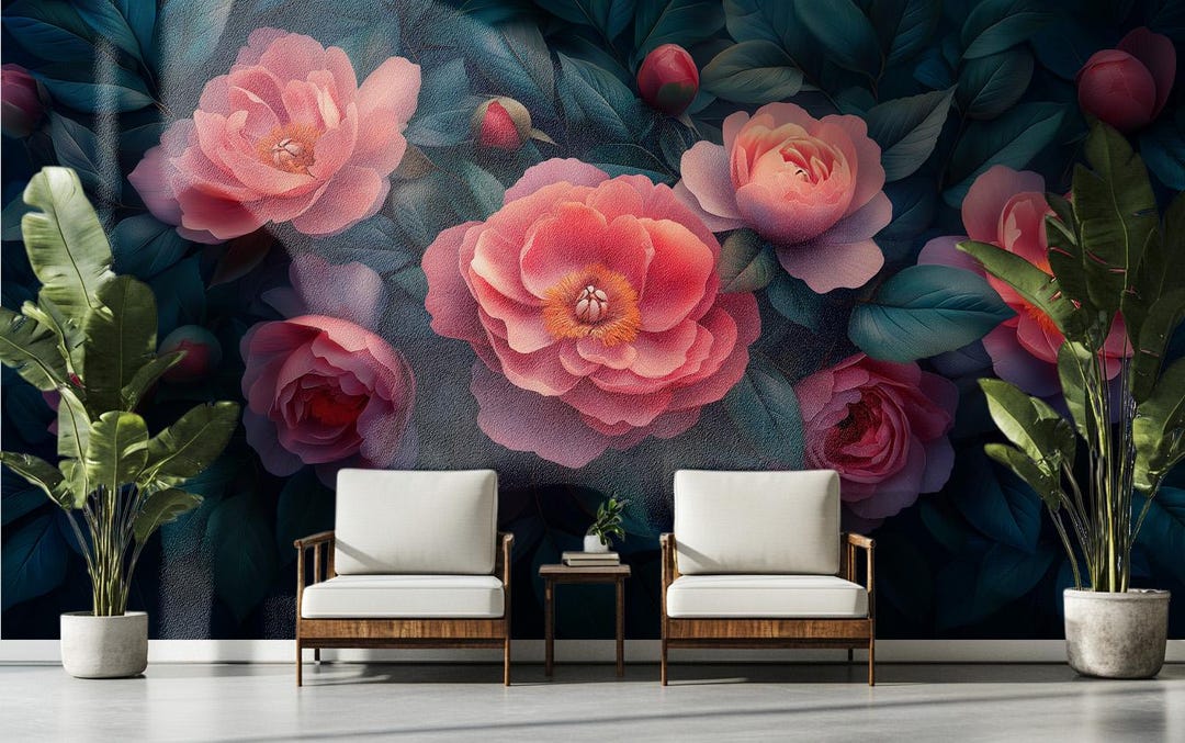 Dark Floral Peony Wallpaper | Peel & Stick, Traditional | Removable ...