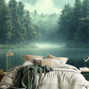 Misty Pine Forest Wall Mural - Tranquil River Foggy Woodland Scene - Serene Nature Landscape - Peel & Stick or Non-Woven Wallpaper