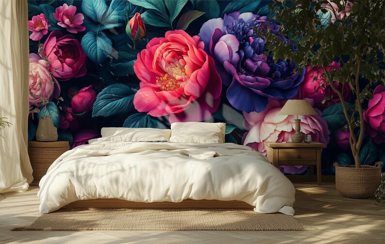 Dark Floral Peony Wallpaper | Moody Botanical Wall Mural | Luxury ...