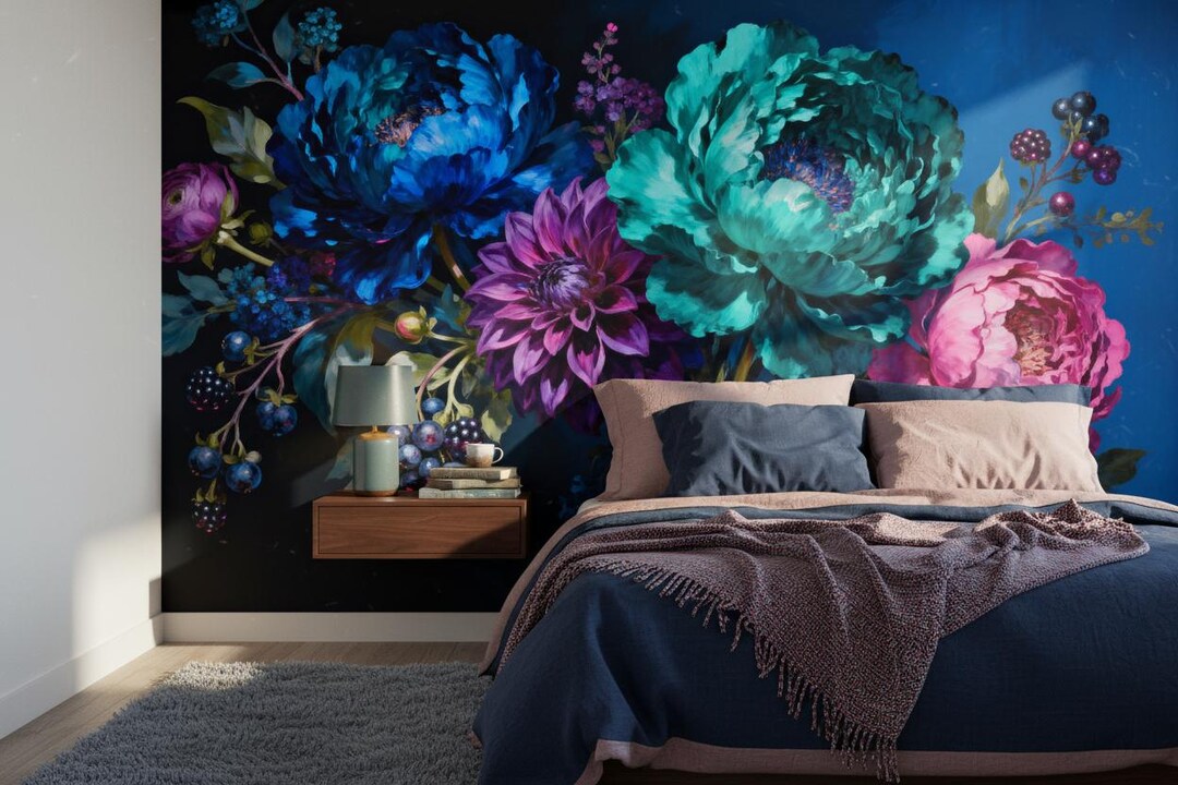 Dark Floral Wallpaper Mural Moody Botanical Peel and Stick Blue Purple ...